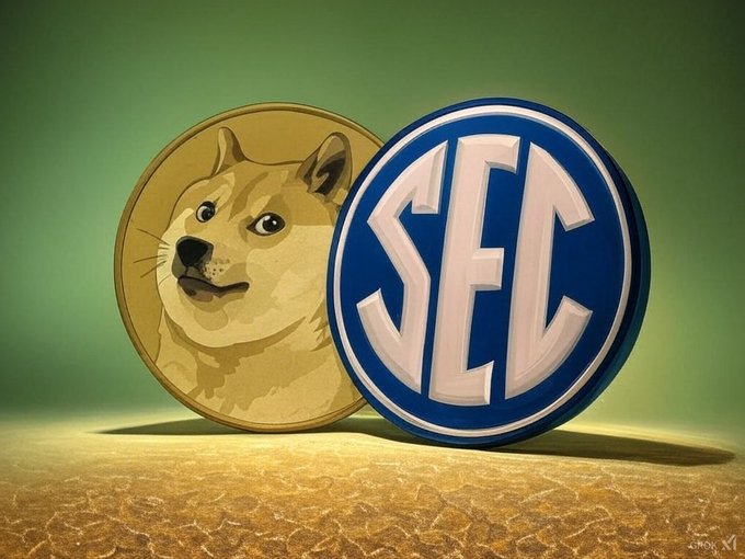 Two large coins stand side by side on a textured surface against a green background—one gold coin featuring the Doge/Shiba Inu dog mascot associated with Dogecoin, and a blue coin displaying the bold white "SEC" letters—visually symbolizing the SEC's potential approval of 401(k) retirement plans incorporating Dogecoin, as referenced in the post about a "massive move" in mainstream crypto adoption.