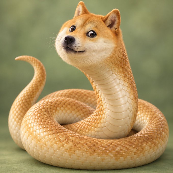 A digital artwork depicting a creature with a Shiba Inu dog's head and a snake's coiled, scaled body against a soft green background.