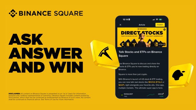 The image features a phone screen displaying an advertisement for Binance Square, which promotes a competition between two companies. The company asking questions about US stocks or ETFs and the other one answering with their take. The text on the screen reads "Ask a question about US stocks or ETFs Or answer one with your take That' s it." This suggests that there is an opportunity to win exclusive swag from Binance Square by participating in this competition, which could be related to cryptocurrency trading and market analysis.
