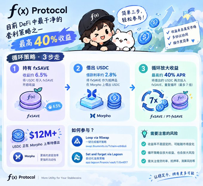 A blue illustrated promotional graphic for the “f(x) Protocol” presents a three-step DeFi strategy involving “fxSAVE,” “USDC,” and “Morpho,” with visible claims such as “最高40%收益,” “收益约 6.5%,” “借款利率约 2.8%,” and “最高约 40% APR.” A risk note states that returns are not guaranteed and mentions smart-contract, credit, and liquidation risks.