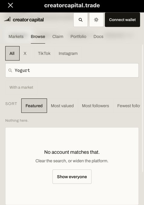The image shows a screenshot of creatorcapital.trade's "Browse" page, where a search for "Yogurt" across platforms like TikTok, Instagram, and X returns "No account matches that" — with a "Show everyone" button displayed below. This visual reinforces the post's humor, as the user searched for their own account "Yogurt" among 700 crypto accounts and couldn't find themselves, leaning into the "Icarus" metaphor of being unseen despite being listed.