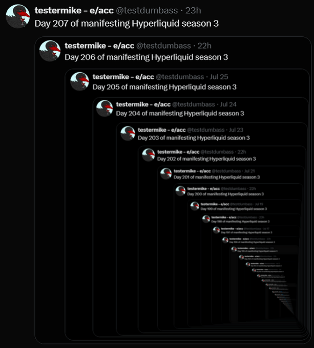 A screenshot shows a cascading series of tweets from user @testdumbass, each counting consecutive days of "manifesting Hyperliquid season 3" from Day 199 through Day 207.