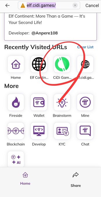 A screenshot of the Pi Browser shows "CiDi Games" circled in red among recently visited URLs, highlighting the app the user praises in their post for consistently attracting users since PiChainMall.