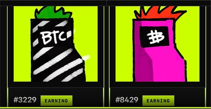 Two cartoon-style NFT illustrations side by side, each featuring a character with a hood-like body; the left one is black-and-white striped labeled 'BTC' with green hair (#3229), and the right one is purple with a Bitcoin symbol and red hair (#8429), both marked as 'EARNING'.