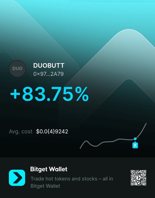 A Bitget Wallet promotional graphic showing the DUOBUTT token (address 0x97...2A79) with a +83.75% gain and an average cost of $0.0749242.