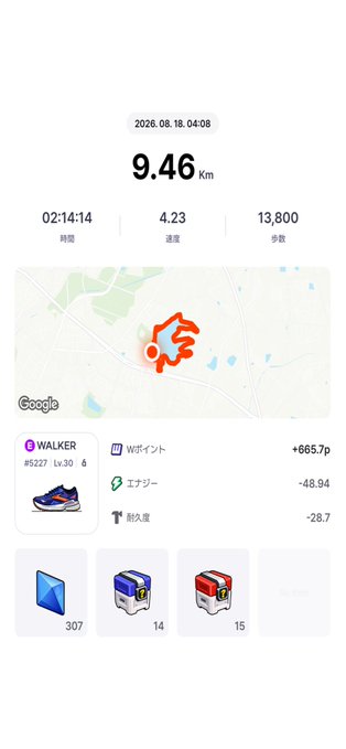 A fitness tracking app screenshot showing a 9.46 Km walk completed on 2026.08.18 at 04:08, with a duration of 02:14:14, pace of 4.23, 13,800 steps, and a route map plus achievements.