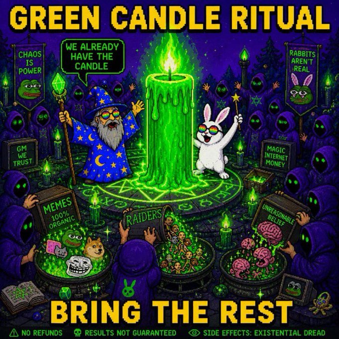 A meme image titled "GREEN CANDLE RITUAL" depicting a wizard and a rabbit performing a ceremony around a large green candle, with hooded figures holding signs reading "CHAOS IS POWER," "RABBITS AREN'T REAL," "GM WE TRUST," "MEMES 100% ORGANIC," "RAIDERS," "MAGIC INTERNET MONEY," and "UNREASONABLE BELIEF," while the wizard declares "WE ALREADY HAVE THE CANDLE." The bottom banner reads "BRINGING THE REST" with disclaimers "NO REFUNDS," "RESULTS NOT GUARANTEED," and "SIDE EFFECTS: EXISTENTIAL DREAD."

The image humorously illustrates the $MIM community's celebratory ritual around green candles, visually capturing the post's theme that being part of this crypto community is about embracing chaos, memes, and shared belief in the project—regardless of whether the market is bullish or not.