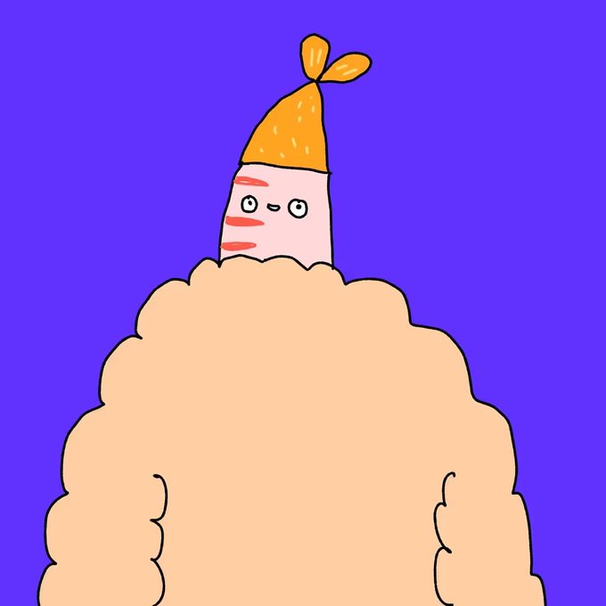 A cute cartoon character with pink cheeks wearing a yellow knotted hat emerging from a large fluffy tan mound against a purple background.