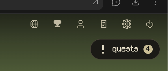 A dark green app navigation bar showing pixelated icons and a '! quests 4' notification badge.