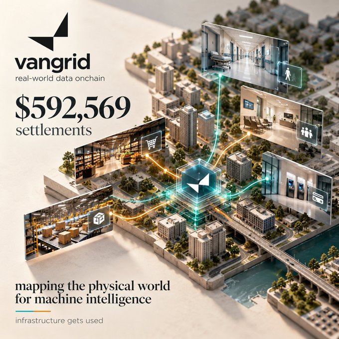 A promotional graphic for vangrid 'real-world data onchain' showing $592,569 in settlements, with the tagline 'mapping the physical world for machine intelligence' over an isometric city map.