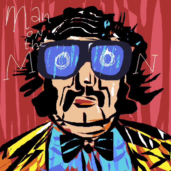 A stylized, colorful pop-art portrait of a man wearing large blue sunglasses with spiral designs, a bow tie, and the text 'Man on the Moon' scrawled in the background.