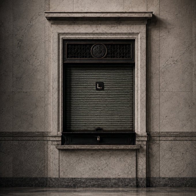 A moody architectural photograph of a closed, secured metal window or teller booth set in a marble wall, with a small 'L' symbol in the center.