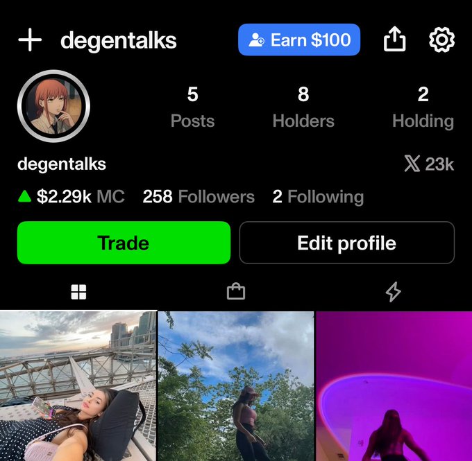 A screenshot of a social media profile for 'degentalks' showing 5 Posts, 8 Holders, 2 Holding, $2.29k MC, 258 Followers, and a Trade button, with photos of women in various settings below.