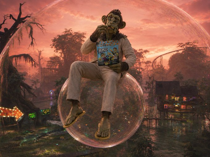 A surreal digital artwork depicting a skeletal monkey-like figure sitting in a transparent bubble, wearing white clothes and holding a cereal box, set against a red sky over a swampy landscape with stilt houses.