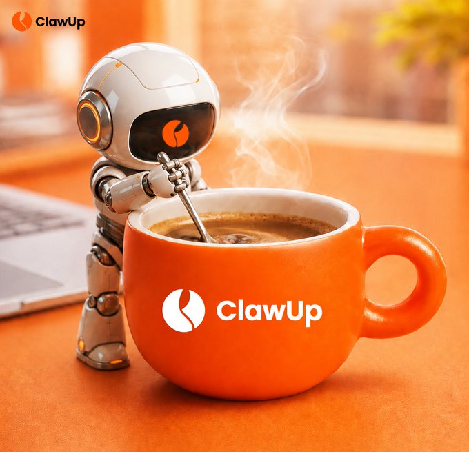 A white robot figurine stirs a steaming cup of coffee inside an orange mug branded with the "ClawUp" logo, visually mirroring the post's promise of effortless AI agent deployment—simple, quick, and ready to go like a freshly brewed cup.