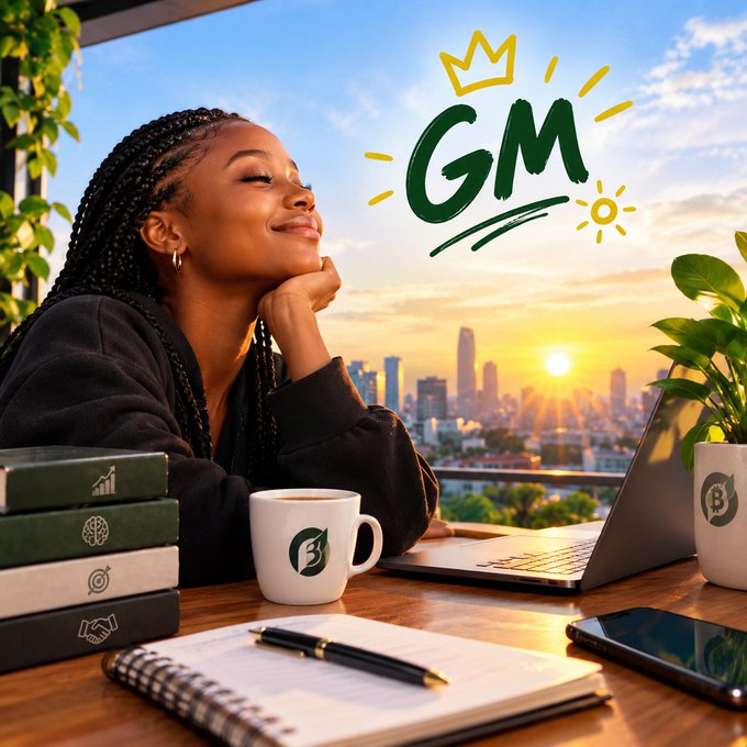 A smiling young woman with braided hair sits peacefully at a desk with a coffee mug, laptop, notebook, and phone against a sunrise cityscape backdrop, while hand-drawn "GM" text with a crown and sun rays floats in the sky—visually reinforcing the post's message of a fresh, optimistic start to the day focused on consistency, learning, and purposeful action in the Web3 space.