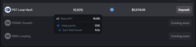 A Loopscale dashboard shows the new "PST Loop Vault" earning 16.80% base APY with a $7,579.05 total value, offering 131K daily points and a 4.0x Earn Vault boost, while "PRIME Growth" and "RWA Looping" vaults are marked as coming soon.