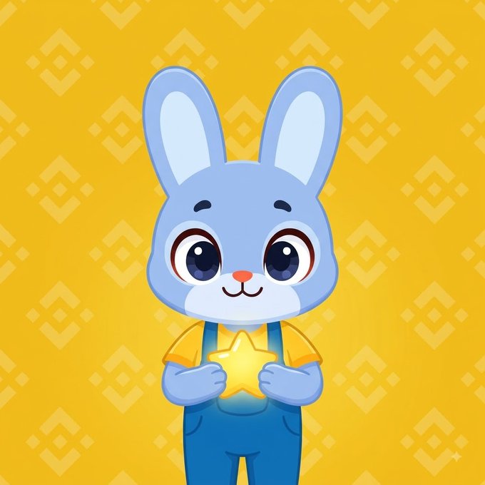 A cute cartoon blue bunny mascot wearing a yellow shirt and blue overalls, holding a yellow star against a yellow patterned background.