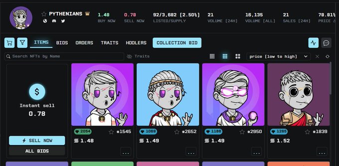 An NFT marketplace interface showing a collection called 'PYTHENIANS' with various cartoon avatar items listed for instant sale at prices around 0.78.