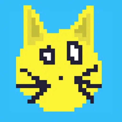 A pixel art illustration features a yellow cat face with large, surprised eyes and a zigzag mouth, set against a bright cyan background. The bold, retro-style cat design evokes the simple charm of classic cryptocurrency mascot art, fitting for the playful suggestion of launching a "SolanaCat" token.