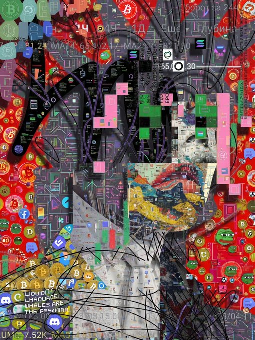 A chaotic digital collage artwork depicting a hooded figure surrounded by cryptocurrency logos, social media icons, charts, and meme imagery in a glitchy red and multicolored aesthetic.