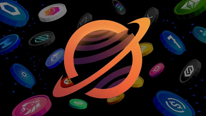 A digital illustration featuring a large orange planet with rings in the center, surrounded by various colorful cryptocurrency coin icons against a starry space background.