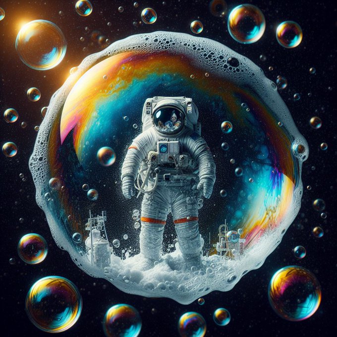 A vibrant digital artwork featuring an astronaut inside a floating iridescent bubble surrounded by colorful spheres and stars in outer space.