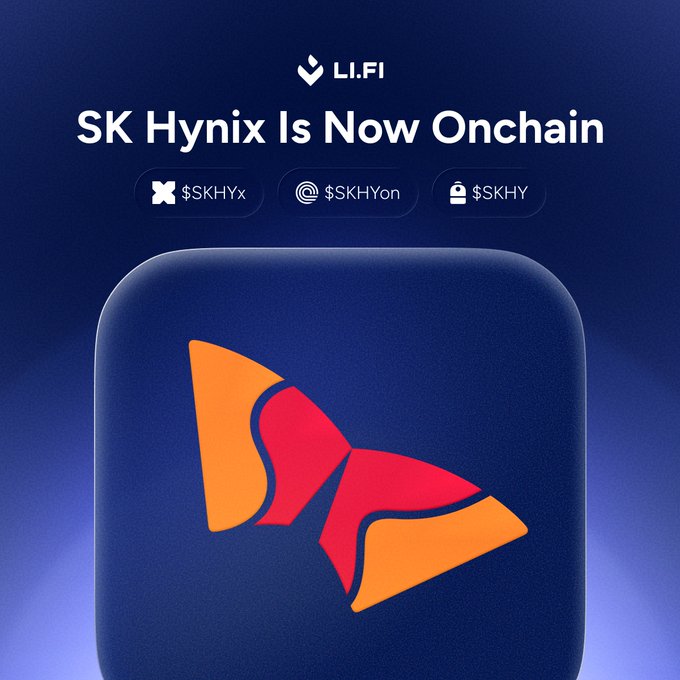 A promotional graphic with a dark blue background announcing 'SK Hynix Is Now Onchain' via LI.FI, listing token identifiers $SKHYx, $SKHYon, and $SKHY, with a stylized 3D cube featuring an orange and red logo.