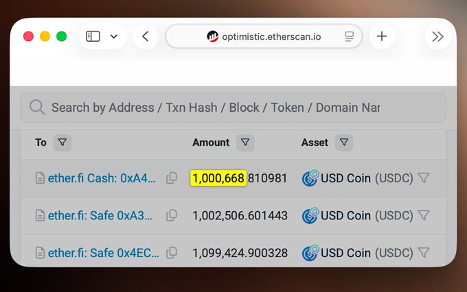 The image displays a screenshot from optimistic.etherscan.io showing a transaction list where the top entry highlights a 1,000,668 USDC transfer to "ether.fi: Cash: 0xA4..." account, visually confirming the $1M+ top-up mentioned in the post. Two additional large USDC transfers to ether.fi Safe accounts (1,002,506 and 1,099,424 USDC) are also visible, supporting the claim about significant EtherFi activity.