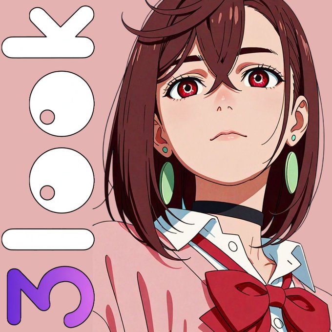 ikeb3, a character from the anime "Look", stands against a pink background with a purple and white logo.