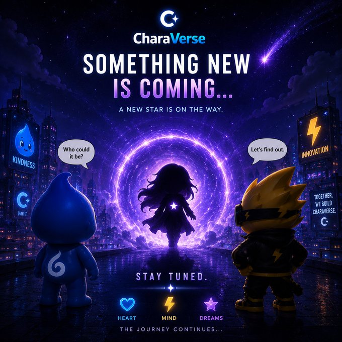 The image features a city skyline with three cartoon characters standing at the center of an opening portal, which appears to be a gateway between two cities or dimensions. The characters are blue, purple, and yellow, each representing different aspects of the cityscape. Above them, there is a text that reads "Something is happening in CharaVerse... BLU and VOLT have noticed a mysterious portal opening above the city." This suggests that the characters might be on an adventure or exploring new territories within the city. The post also mentions other terms such as "Stay tuned" and "#CharaVerse #BLU #VOLT #Memecoin #Solana #Crypto #Cryptocurrency #MemeCoinSeason #Altcoins," which could be related to the characters' journey, their roles in the city's economy or social structure, or other aspects of the city life.