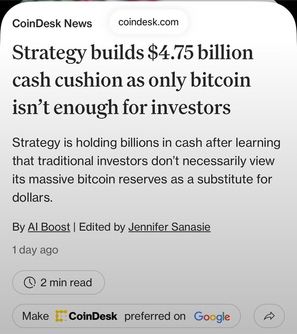 CoinDesk News headline reading 'Strategy builds $4.75 billion cash cushion as only bitcoin isn't enough for investors,' written by Al Boost.