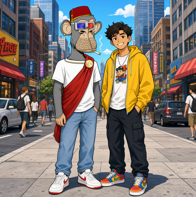 A stylized anime/manga illustration of two characters on a city street: a monkey-like figure wearing 3D glasses, a red fez, white t-shirt with red sash, and a young man in a yellow hoodie and sneakers.