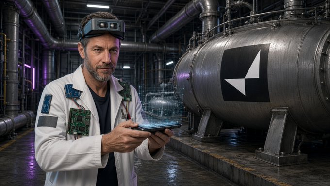 A man in a lab coat and AR headset inspects a sprinkler tank room with exposed pipes and metallic pressure vessels, holding a tablet that displays a glowing 3D scan of the equipment—visually representing the human-height, on-site verification task described in the caption rather than a remote street-view or van-based mapping job.