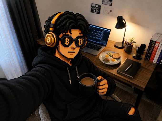 A person wearing a pixel-art Pepe mask with Bitcoin logos takes a selfie at a desk, holding a mug of coffee next to a laptop, a meal, and books.