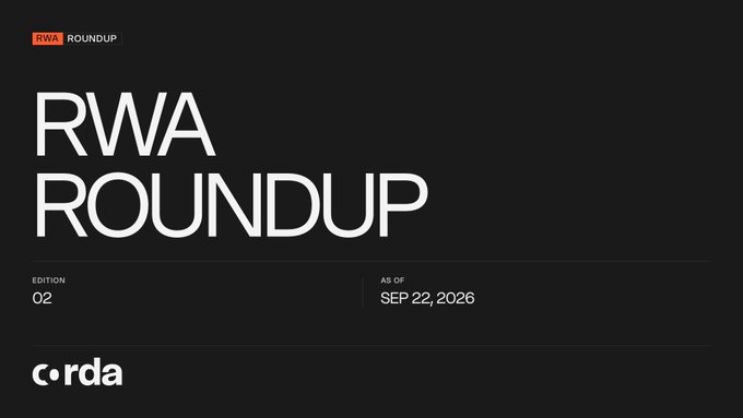 A dark title slide displaying 'RWA ROUNDUP' in large white text, marked as Edition 02 as of SEP 22, 2026, with the 'corda' logo in the bottom left corner.