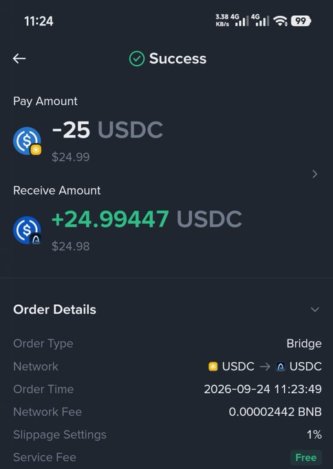 Mobile app screenshot showing a successful crypto bridge transaction: -25 USDC paid and +24.99447 USDC received, with order details indicating USDC to USDC bridge on 2026-09-24.