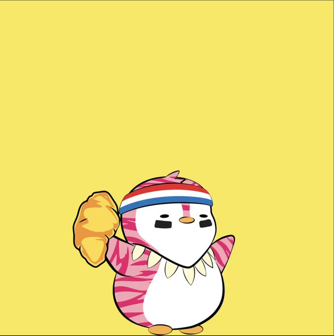 A cartoon penguin character with pink zebra-striped body markings, wearing a red, white, and blue striped headband, holding up a golden rock against a yellow background.