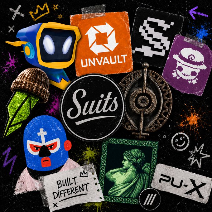 A vibrant collage-style graphic featuring various icons, stickers, and elements including a blue robot, a green dinosaur, a luchador mask, and text overlays like 'UNVAULT', 'Suits', 'PU-X', and 'BUILT DIFFERENT'.