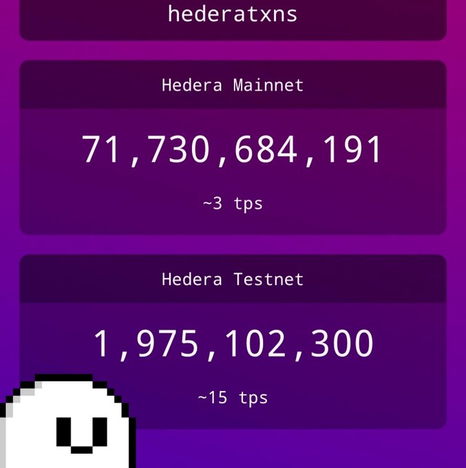 A dashboard titled 'hederatxns' displays Hedera Mainnet with 71,730,684,191 transactions at ~3 tps and Hedera Testnet with 1,975,102,300 transactions at ~15 tps.