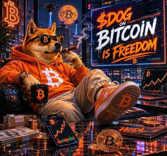 An anthropomorphic Shiba Inu wearing Bitcoin-branded sunglasses, an orange "B" hoodie, and sneakers lounges amid stacks of crypto, dollar bills, and trading charts in a neon cityscape, with a large screen declaring "$DOG ON BITCOIN IS FREEDOM." The image's bold Bitcoin branding and the prominent "$DOG" text directly reinforce the post's claim that $DOG is the unique dog-themed coin built on Bitcoin.