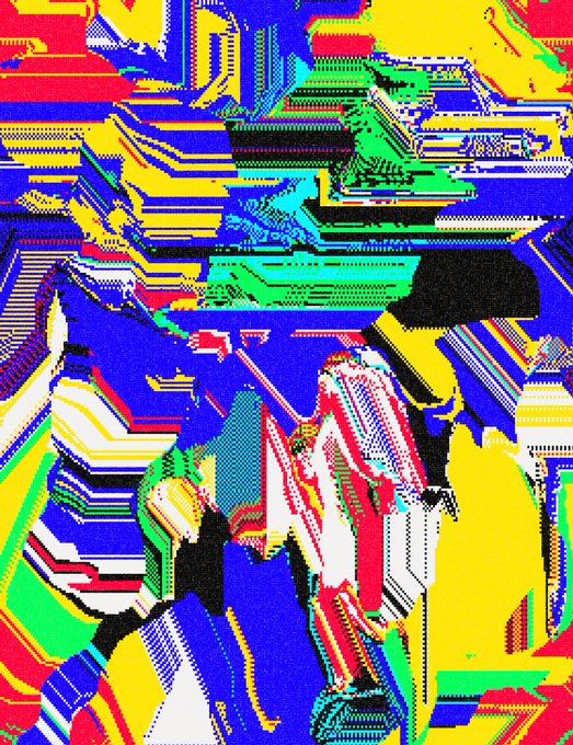 An abstract, glitchy image composed of vibrant yellow, blue, red, and green geometric patterns resembling corrupted digital data.