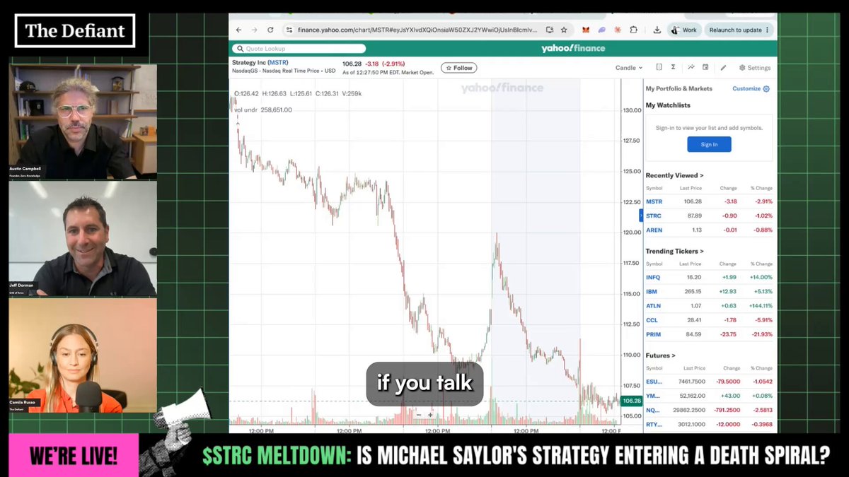 The image depicts a group of people gathered around a computer screen, watching a news segment that discusses market trends related to Bitcoin. The headline indicates that Michael Saylor has entered into a strategy to enter a death spiral, which means his actions have the potential to make the situation worse. However, it is important to note that Jeff Dorman, another guest on the show, has provided an analysis stating that Bitcoin should be bought at this moment because there's no indication of worsening conditions in the market. The image shows four people actively engaged with the content displayed on the screen and serves as a visual representation of how they are processing the information being presented to them through the news segment.