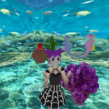 An underwater 3D virtual scene featuring a character in a black and white checkered outfit standing among fish, coral, and colorful sea creatures.