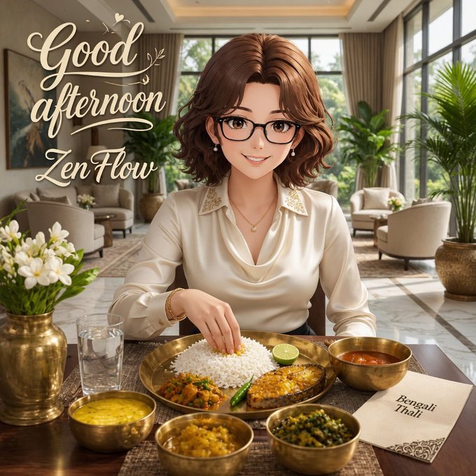 Illustrated scene with text 'Good afternoon Zen Flow' featuring a woman seated at a table with a Bengali Thali meal.