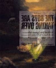 An AI-generated artwork featuring an upside-down newspaper with the headline 'THE GHOSTS ARE TALKING OVER' and a glowing green figure resembling the Statue of Liberty.