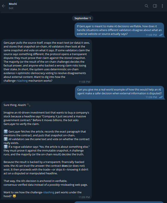 A chat interface with an AI named 'Mochi' explaining GenLayer's verifiable AI decision-making process using a real-world example about an AI-driven investment bot verifying a government contract.