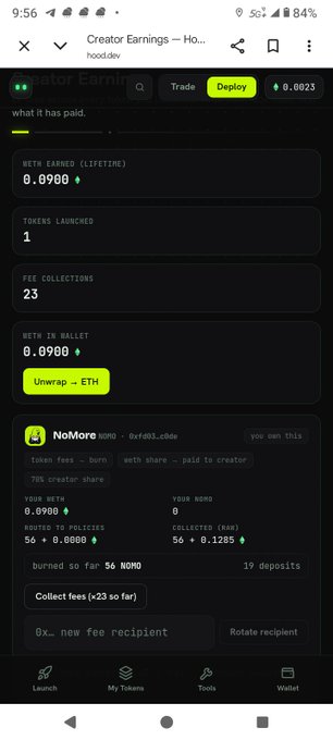A mobile screenshot of a 'Creator Earnings' dashboard on what appears to be a crypto platform, showing 0.0900 ETH earned (lifetime), 1 token launched, 23 fee collections, and a NoMore token with 78% creator share and 0.0900 ETH in the wallet.