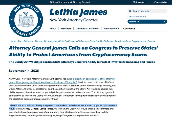 The image shows a press release from New York Attorney General Letitia James, dated September 14, 2026, titled "Attorney General James Calls on Congress to Preserve States' Ability to Protect Americans from Cryptocurrency Scams," which highlights her bipartisan coalition of 17 attorneys general opposing the Digital Asset Market Clarity Act (Clarity Act).

The image directly relates to the post by illustrating the Democratic opposition to the Clarity Act referenced in the message, showing that figures like AG James argue the bill would strip states of their ability to protect investors from cryptocurrency fraud—an obstacle to the bill's passage despite the push for today's decisive 60-vote threshold vote.