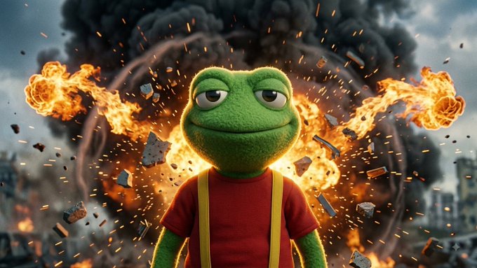 An AI-generated image of Kermit the Frog with an unimpressed expression standing in front of a dramatic explosion with fire, smoke, and flying debris.